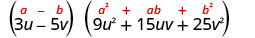 A mathematical expression showing the product of two binomials, (3u - 5v) and (9u^2 + 15uv + 25v^2), with the difference of cubes formula (a - b)(a^2 + ab + b^2) highlighted in red.